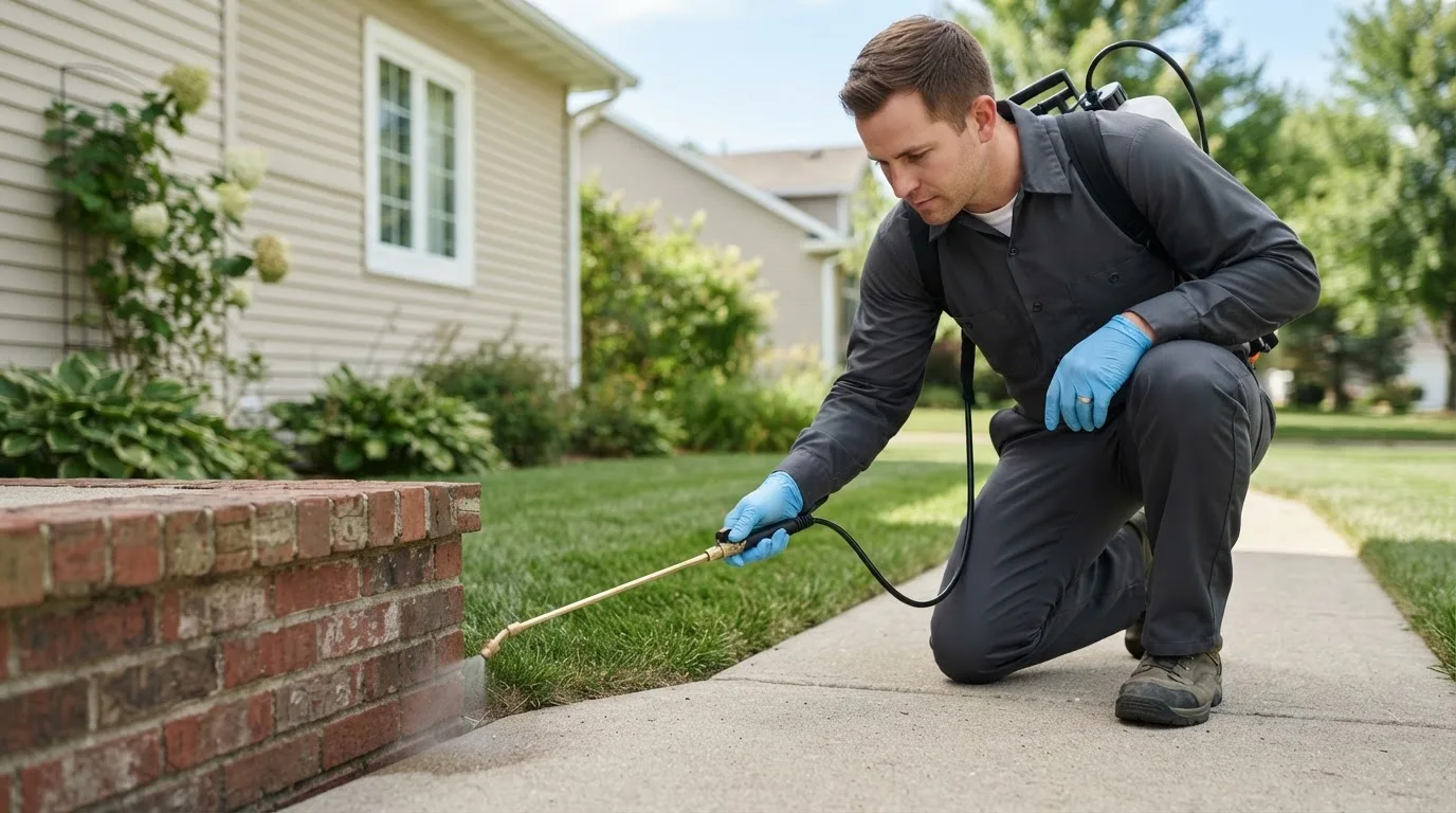 Pest control technician treating a home near Coulterville, IL