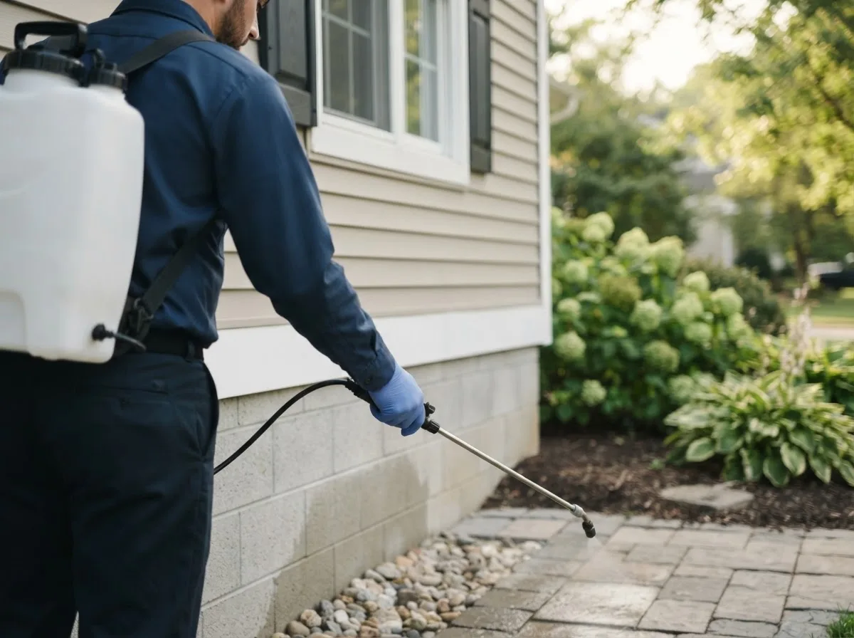Pest control technician inspecting a home in Coulterville, IL